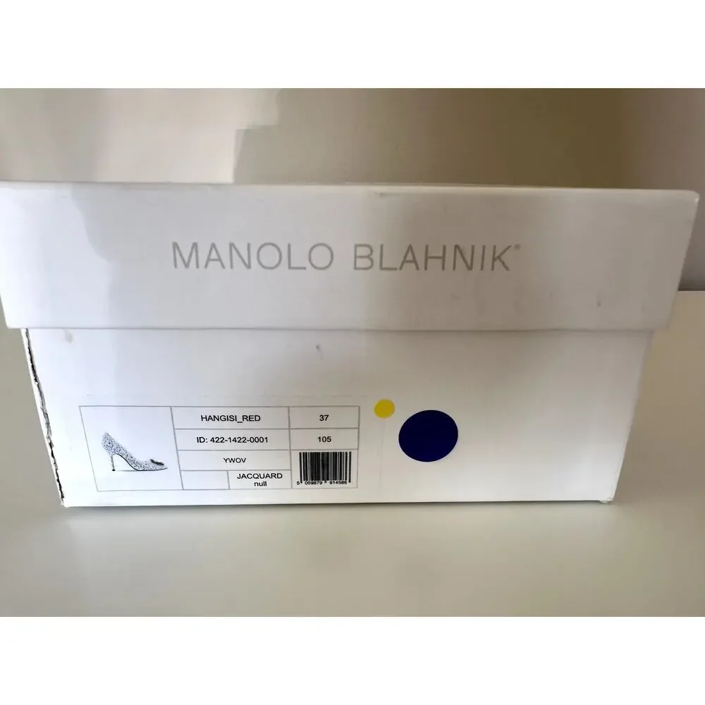 New $1245 Manolo Blahnik Hangisi Jacquard White Black Toe Pump Size 37 shoes